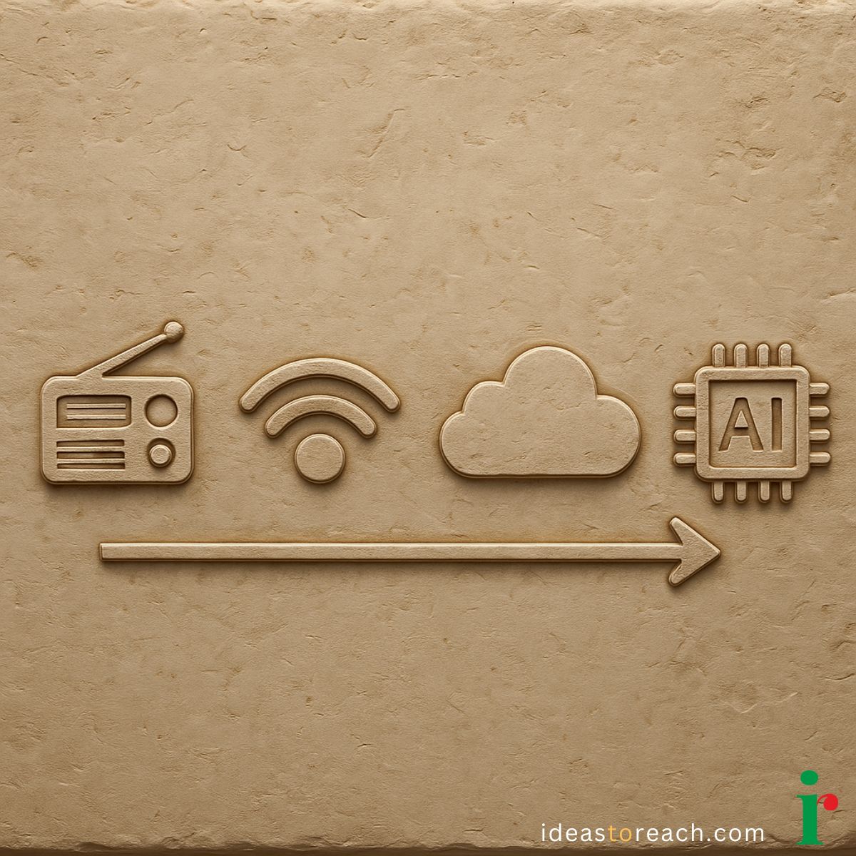 Timeline of digital evolution from radio to AI, carved in stone, reflecting the deep-rooted legacy of IdeasToReach in digital marketing.